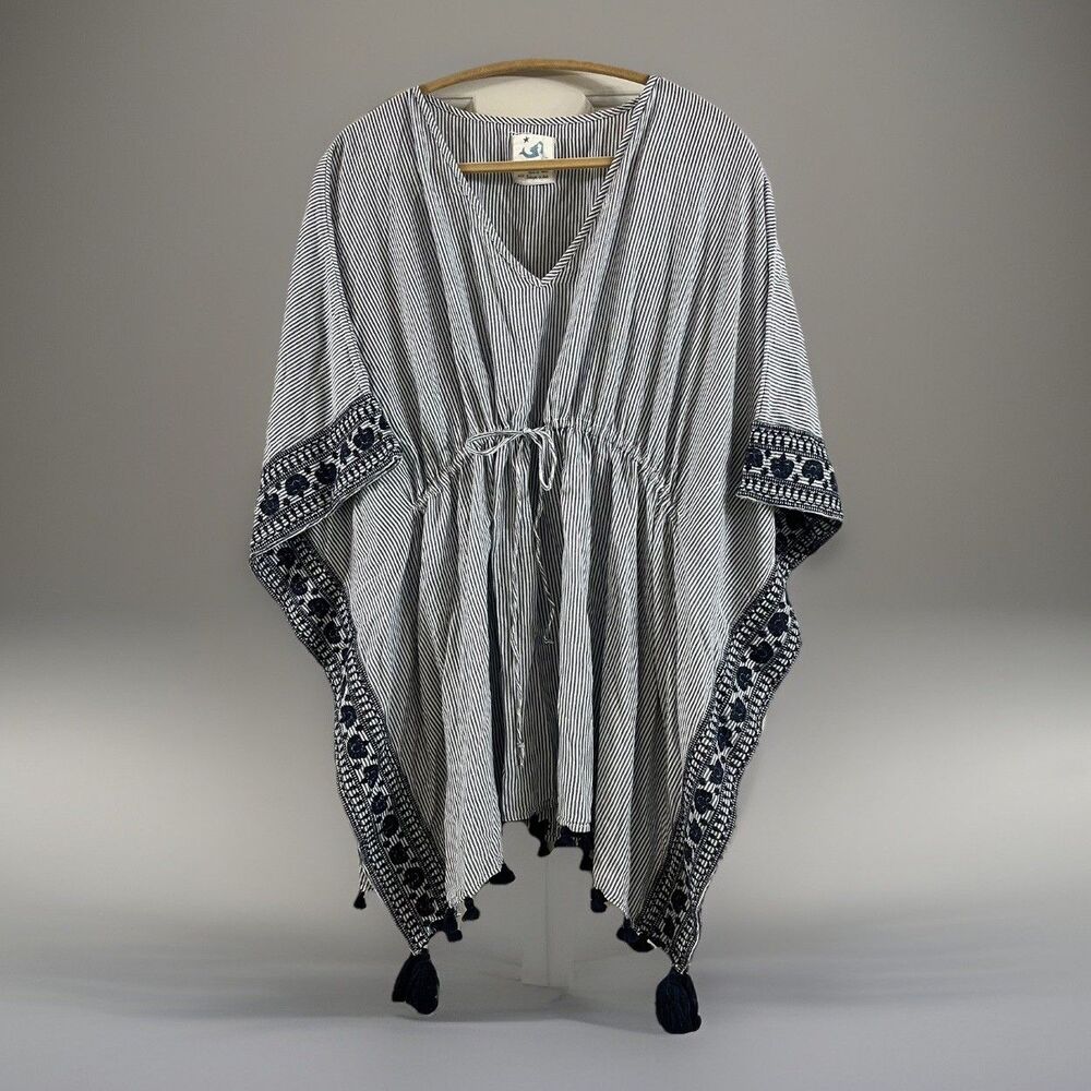 Anthropologie Short Blue Kaftan Cover Up XS/S Striped Tassels Embroidered Resort